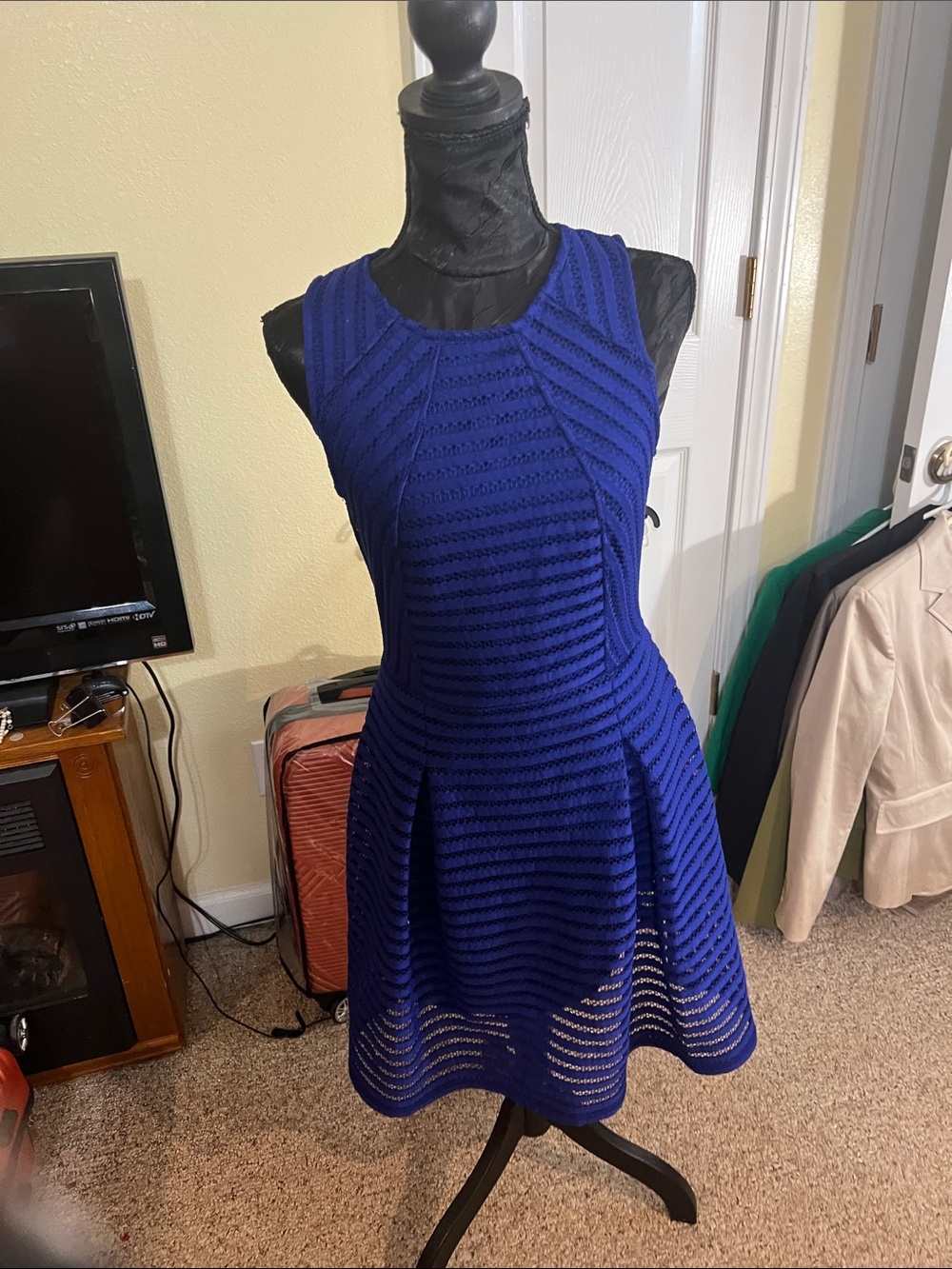 Sleeveless Cobalt Blue Textured Fit & Flare Midi Dress